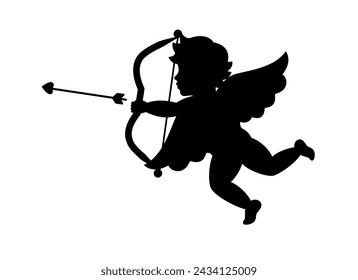 Cupid aiming a bow and arrow. Cherub silhouette. Valentine's day. Love symbol. Vector illustration.