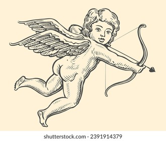 Cupid aiming a bow and arrow. Valentines Day symbol. Flying angel child, vector illustration