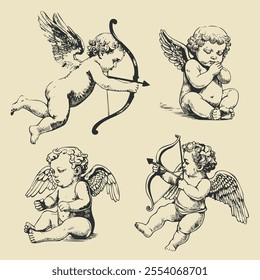 Cupid aiming a bow and arrow. Valentines Day symbol. Flying angel child, vector illustration
