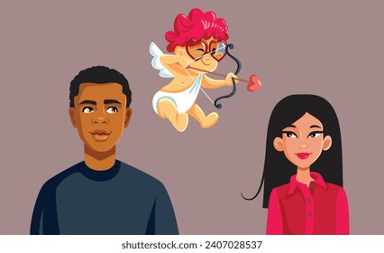 
Cupid Aiming a Young Couple Vector Cartoon illustration. Happy man and woman celebrating Valentines day
