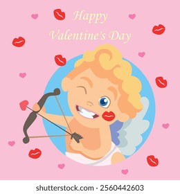 Cupid aims arrows with hearts and kisses. Valentine's Day vector greeting card.