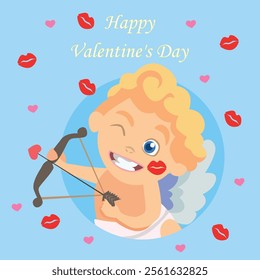 Cupid aims arrows with hearts and kisses. Valentine's Day vector greeting card.