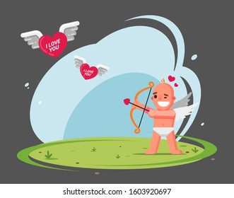 Cupid aims from a bow at flying hearts. card for valentines day. flat vector illustration.