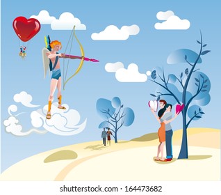 Cupid aims with his bow at a loving couple hugging while reading a book.