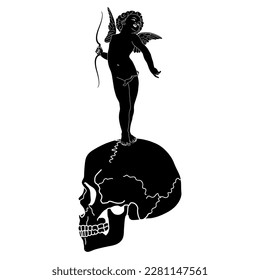 Cupid or Amur holding bow standing on human skull. Juxtaposition of love and death. Ancient Greek god Eros as a winged Putto angel child. Black and white silhouette.