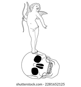 Cupid or Amur holding bow standing on human skull. Juxtaposition of love and death. Ancient Greek god Eros as a winged Putto angel child. Black and white linear silhouette.