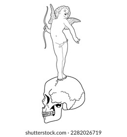 Cupid or Amur holding bow standing on human skull. Juxtaposition of love and death. Ancient Greek god Eros as a winged Putto angel child. Black and white linear silhouette.