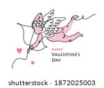 Cupid, amur vector line art card for Valentines day. One continuous lineart drawing of small angel archer with arrow and bow.
