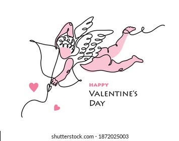 Cupid, amur vector line art card for Valentines day. One continuous lineart drawing of small angel archer with arrow and bow.