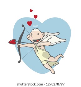 Cupid angel amour with bow and arrow with heart. Holiday cartoon comic illustration. 