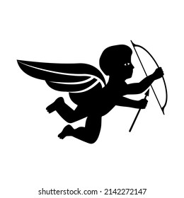 Cupid or angel with arrows, black sign on white background, vector illustration