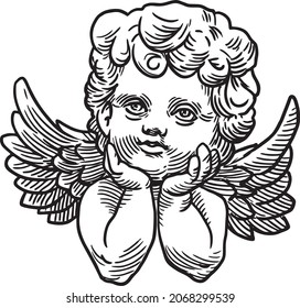 cupid angel. Art detailed editable illustration. Vector vintage engraving. Isolated on white background.