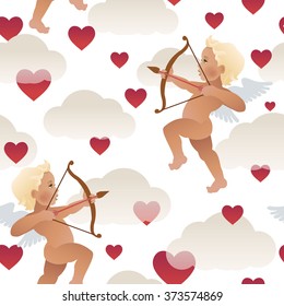 Cupid angel with bow and arrow aiming at someone's heart. Vector illustration. Valentine's day card decoration. Pattern.