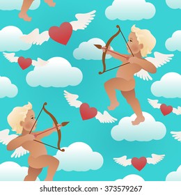 Cupid angel with bow and arrow aiming at someone's heart. Vector illustration. Valentine's day card decoration. Pattern.