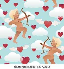 Cupid angel with bow and arrow aiming at someone's heart. Seamless illustration. Valentine's day. 