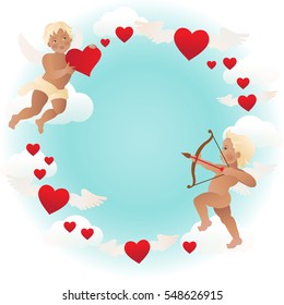 Cupid angel with bow and arrow aiming at someone's heart. Vector illustration. Valentine's day card decoration. 