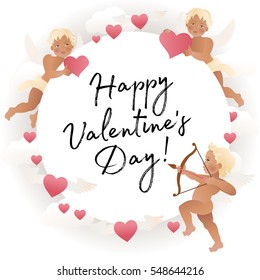 Cupid angel with bow and arrow aiming at someone's heart illustration. Valentine's day card decoration. Vector.