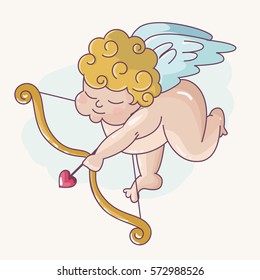 Cupid angel with bow and arrow aiming at someone's heart. Vector illustration. Valentine's day card decoration.