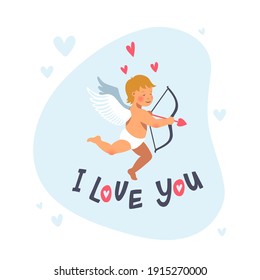 Cupid or angel with bow and arrow. Vector cute cupid for valentine s day. Cartoon flat style vector illustration
