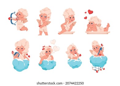 Cupid angel. Cartoon baby Valentine symbol. Cherub character with bow and arrows for greeting cards. Blonde angelic matchmakers on clouds and columns. Vector love and romance children set