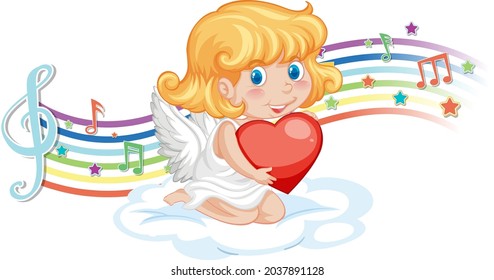Cupid angel character with melody symbols on rainbow  illustration