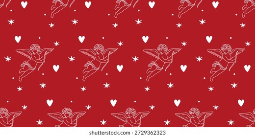 Padrão De Caracteres De Cupido. Romântico Dia dos Namorados Plano de Fundo de Padrão Sem Costura. Presente decorativo cor-de-rosa que envolve papel. Design de papel de parede de casamento.