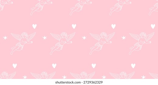 Padrão De Caracteres De Cupido. Romântico Dia dos Namorados Plano de Fundo de Padrão Sem Costura. Presente decorativo cor-de-rosa que envolve papel. Design de papel de parede de casamento.