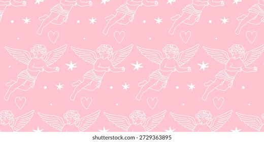 Padrão De Caracteres De Cupido. Romântico Dia dos Namorados Plano de Fundo de Padrão Sem Costura. Presente decorativo cor-de-rosa que envolve papel. Design de papel de parede de casamento.