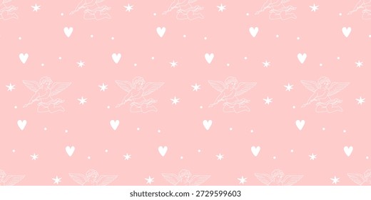 Padrão De Caracteres De Cupido. Romântico Dia dos Namorados Plano de Fundo de Padrão Sem Costura. Presente decorativo cor-de-rosa que envolve papel. Design de papel de parede de casamento. Anjo vintage com asas decoração branco contorno e rosa sem emenda padrão fundo imprimir