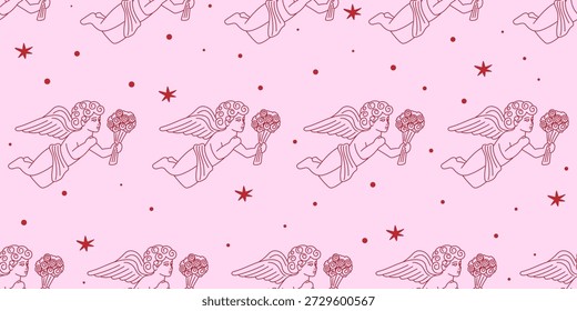 Padrão De Caracteres De Cupido. Romântico Dia dos Namorados Plano de Fundo de Padrão Sem Costura. Presente decorativo cor-de-rosa que envolve papel. Design de papel de parede de casamento. Anjo vintage com asas decoração vermelho e rosa sem emenda padrão de fundo impressão