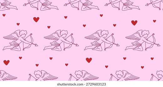 Padrão De Caracteres De Cupido. Romântico Dia dos Namorados Plano de Fundo de Padrão Sem Costura. Presente decorativo cor-de-rosa que envolve papel. Design de papel de parede de casamento. Anjo Vintage com Wings decoração vermelho e rosa sem emenda padrão de fundo impressão. Romântico Cupido Voador Presente Envolvendo Papel Vermelho e Rosa Retro Estilo Sem Costura Fundo padrão. Festa de Casamento Têxtil Imprimir Swatch Art. 