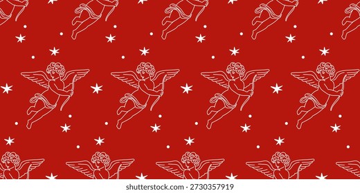 Padrão De Caracteres De Cupido. Romântico Dia dos Namorados Plano de Fundo de Padrão Sem Costura. Presente decorativo cor-de-rosa que envolve papel. Design de papel de parede de casamento. Anjo Vintage com Wings decoração vermelho e rosa sem emenda padrão de fundo impressão. Romântico Cupido Voador Presente Envolvendo Papel Vermelho e Rosa Retro Estilo Sem Costura Fundo padrão. Casamento partido têxtil impressão Swatch Art. Doodle Contorno Romântico Atividade bonito Anjo Caractere Linha Art Símbolo.  