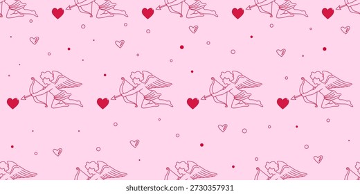 Patrón de personaje de ángel Cupido. Fondo de patrón sin fisuras romántico del día de San Valentín. Impresión de papel de regalo decorativo rosa. Diseño de Fondo de pantalla de Boda. Antiguas Ángel con alas Decoración Rojo y Rosa Impresión de fondo de patrón sin fisuras. Romántico Flying Cupido Regalo de felicitación de papel de embalaje Rojo y rosa Estilo retro Patrón de fondo sin fisuras. Fiesta de Boda Impresión textil Swatch Art. Doodle Outline Romantic Activity Lindo Angel Character Line Art Symbol.  