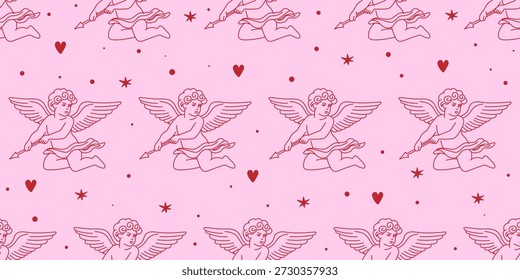 Padrão De Caracteres De Cupido. Romântico Dia dos Namorados Plano de Fundo de Padrão Sem Costura. Presente decorativo cor-de-rosa que envolve papel. Design de papel de parede de casamento. Anjo Vintage com Wings decoração vermelho e rosa sem emenda padrão de fundo impressão. Romântico Cupido Voador Presente Envolvendo Papel Vermelho e Rosa Retro Estilo Sem Costura Fundo padrão. Casamento partido têxtil impressão Swatch Art. Doodle Contorno Romântico Atividade bonito Anjo Caractere Linha Art Símbolo.  