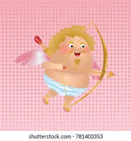 Cupid or angel flies across the sky and shoots from the bow. Cute vector character. Postcards on the day of St. Valentine. Retro background of pink circles.