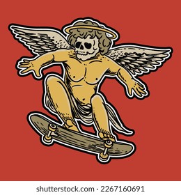 cupid angel flying high playing skateboard