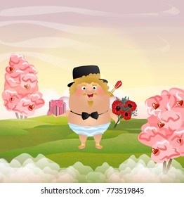 Cupid or angel in a hat and tie with a bouquet of flowers and gift. Gentleman. Cute vector character. Postcards on day of St. Valentine.  Green meadow. Clouds, sky, pink trees with berries hearts