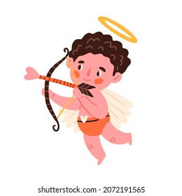 Cupid angel with heart arrows for valentines. Love cherub, cute baby with bow, wings and halo. Saint boy archery. Little kid with nimbus. Colored flat vector illustration isolated on white background