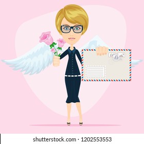Cupid or an angel holds in his hands a large envelope with a love letter. Cute vector character. Postcards on day of St. Valentine.