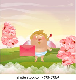 Cupid or an angel holds in his hands a large pink envelope with a love letter.   Postcards on day of St. Valentine.  Green meadow. Clouds, sky, pink trees with berries hearts