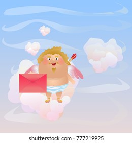 Cupid or an angel holds in his hands a large pink envelope with a love letter. 
 Cute vector character. Postcards on the day of St. Valentine. Blue sky with clouds in the form of hearts.