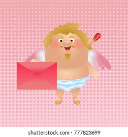 Cupid or an angel holds in his hands a large pink envelope with a love letter. Cute vector character.  Retro background of pink circles. Love. Valentine's Day. 