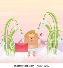 Cupid or an angel holds in his hands a large pink envelope with a love letter. Cute vector character. Postcards on the day of St. Valentine. Clouds, sky, dawn, large white flowers snowdrops
