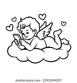 Cupid Angel Illustration with Smartphone on a Cloud
