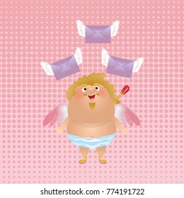 Cupid or angel lets out envelopes with white wings. Cute vector character. Retro background of pink circles. Love. Valentine's Day.