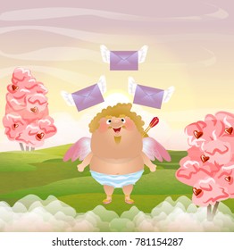 Cupid or angel lets out envelopes with white wings.  Cute vector character. Day of St. Valentine. Green meadow. Clouds, sky, pink trees with berries hearts 