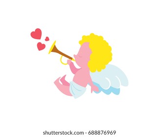 Cupid angel. Little boy cupid angel playing romantic song on pipe icon isolated on white background. Character for Valentines Day holiday or wedding celebration greeting card. Vector illustration
