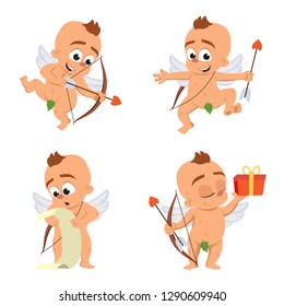 Cupid angel love character vector set for Valentine day or wedding dating in different poses  Amur variation Eros greek mythology god or cherub baby with bow and arrow emoji on white background