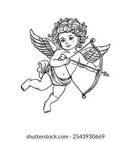 Cupido, anjo de amor em gravura, esboço isolado no fundo branco.