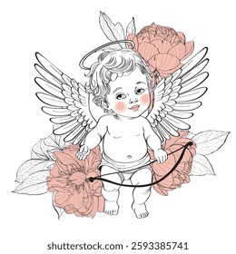 Cupid, angel, love and flowers, vector illustration. Vector hand drawn little angel sketch and amur.